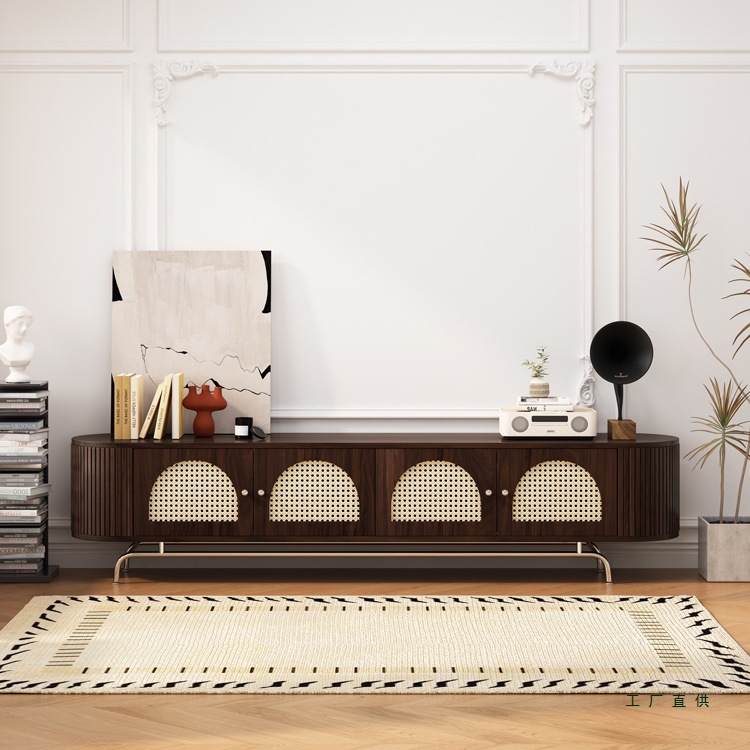 Nordic Solid Wood Rattan Tv Cabinet Small Apartment Living Room French Medieval Tv Cabinet Storage Cabinet Home Audio-Visual Cabinet