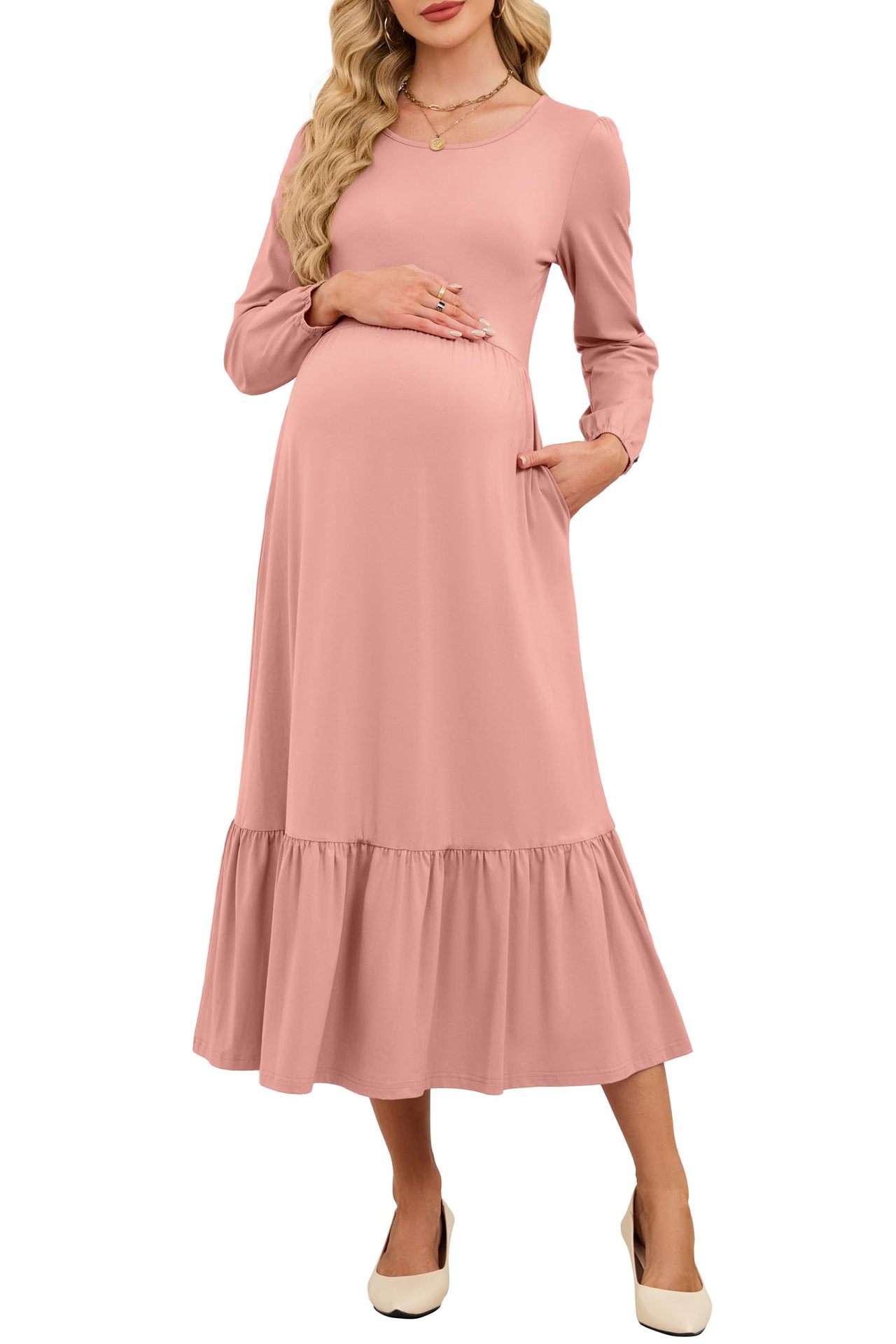 2025 otoño nuevo vestido de embarazo de mangas largas de color sólido vestido casual cuello redondo elegante de embarazo largo