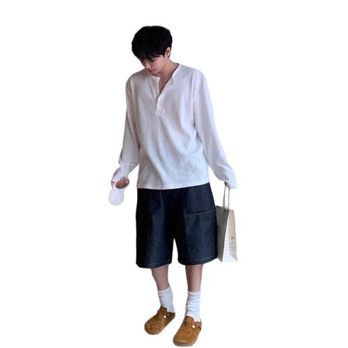 Men's High-End Honeycomb Henley Collared Striped Long-Sleeve T-Shirt Spring and Autumn Season Korean Style Casual Loose Solid Color T-Shirt