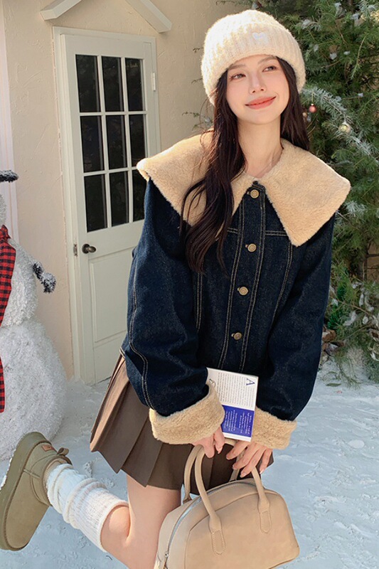 Dark Blue Navy Collar Denim down Jacket for Women 2024 Winter Hong Kong Style Design Thickeneded White Duck down Liner Jacket