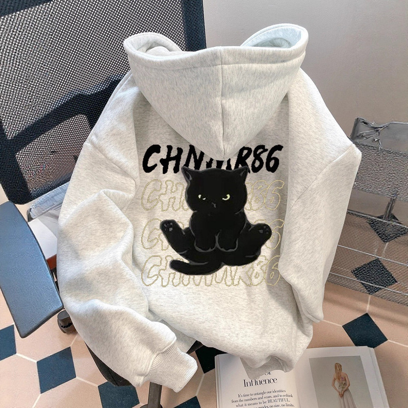 American Trendy Brand Super Nice Cat Print Sweatshirt for Women Spring & Fall Thin Large Size Fat mm Slim Hooded Jacket for Men