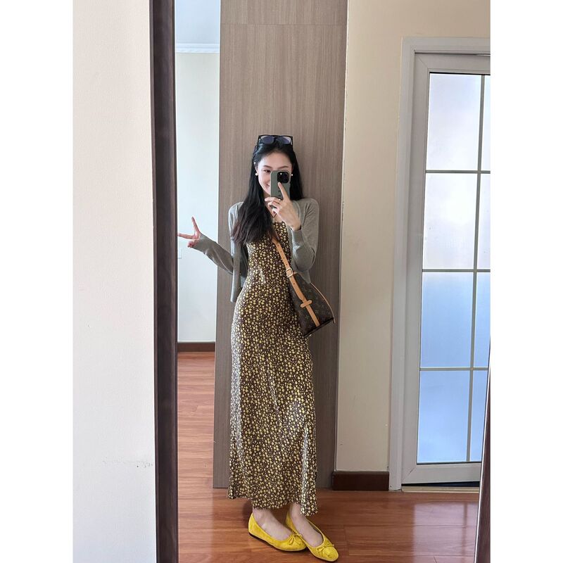 Summer Lazy Wear suit Loose Slim Grey Cardigan Slim-fit Tight Waist Floral dress