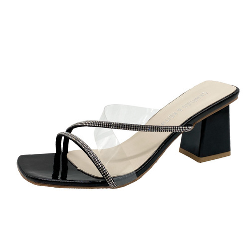 Summer New Women's Thick Heel Slippers Korean Style Simple Fashion Transparent Outdoor Slippers Square Toe Half Slippers