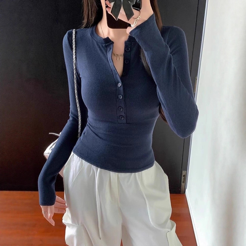 Ins Sexy Pure Desire Button Pure Color Long-Sleeved T-Shirt Women's Spring & Fall V Neck Slim Slimming Look Bottoming Top Women's t Cross-Border Ins Sexy Pure Desire Button Pure Color Long-Sleeved T-Shirt Women's Spring & Fall V Neck Slim Slimming Look Bottoming Top Women's t Cross-Border