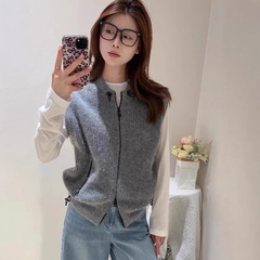 哥家商场同款女装2025秋季百搭马夹上衣抽绳双头拉链圆领坎肩针织