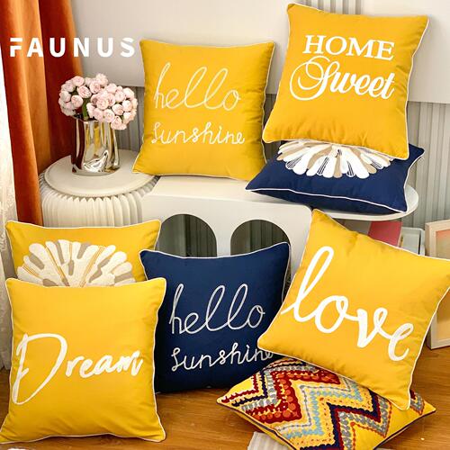 Popular European and American simple American plush embroidered pillow with scroll bar Yellow blue casual embroidered cushion