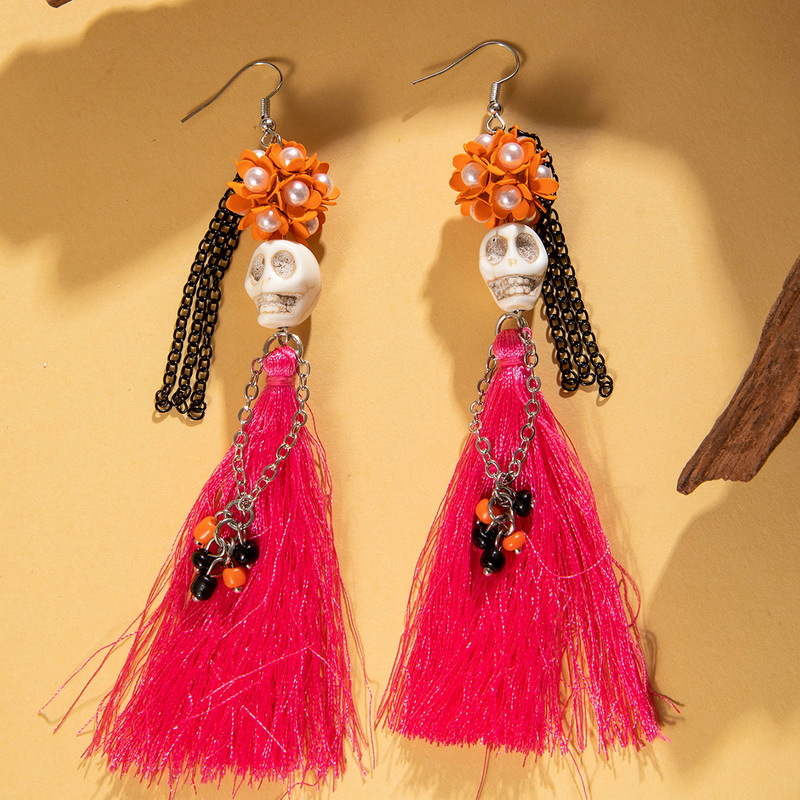 27g Weight Alloy Ear Needle Material Drop Earrings Classification 1 Pair Quantity Holiday, Daily Occasion Alloy, Resin Material Halloween Festival Tassel, Skull Pattern Women's Gender Plating Design Elegant, Streetwear Style 1 Pair Halloween Elegant Streetwear Tassel Skull Plating Alloy Resin Drop Earrings 13
