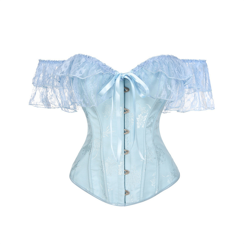 C22019 # Off-Shoulder Lace Sleeve Corset with Fishbone Shapewear, Vintage Court-Style Body-Shaping Top, Tummy Control Corset.
