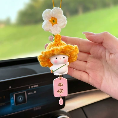 Twelve Zodiac Car Hanging Ornaments, Car Rearview Mirror Decorations, Car Pendants, Interior Hanging Decorations, New Car Gifts (Sürətlər qutusu və əl tormozu başlıqları) - white-flower-yellow-hat-backpack-rabbit-pink-peace-lucky-and-lucky-car-hanging