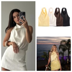 ヨーロッパとアメリカの貿易卸売 2025 夏の新しい女性のシルクサテンの質感のファッショナブルなホルターネックトップ女性用