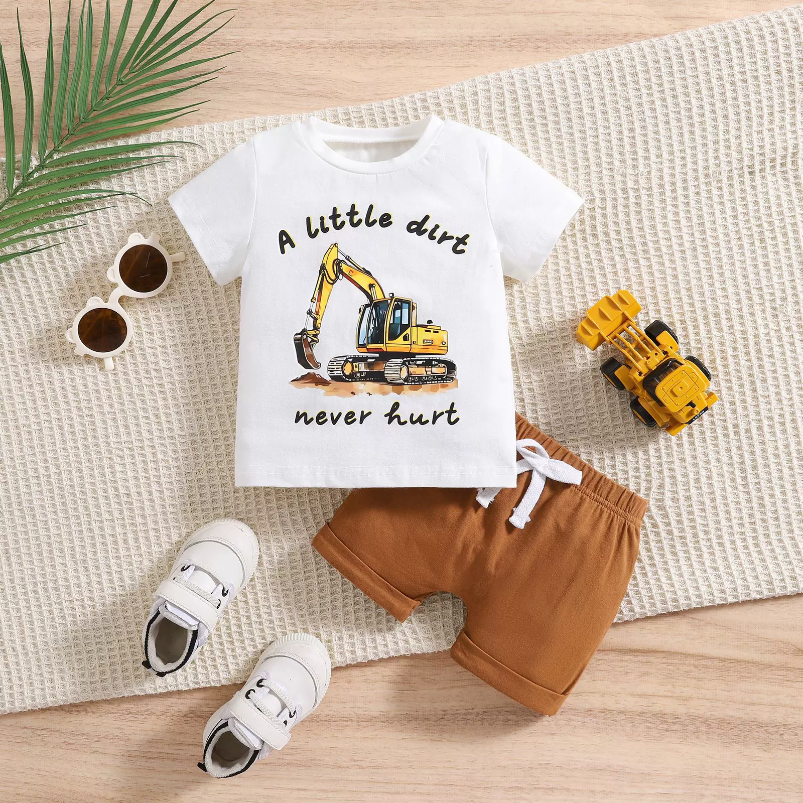 挖掘机短袖T恤男夏季儿童纯棉洋气时尚卡通半袖上衣多色可选中小