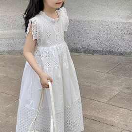 女童连衣裙2026新款夏高级感女孩小飞袖白色镂空裙子儿童洋气夏裙