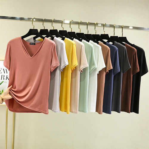 Women's Summer V-Neck Modest Short Sleeve T-Shirt Loose Korean Style Large Size Plain Color Base Layer Top Wearable Inner Shirt