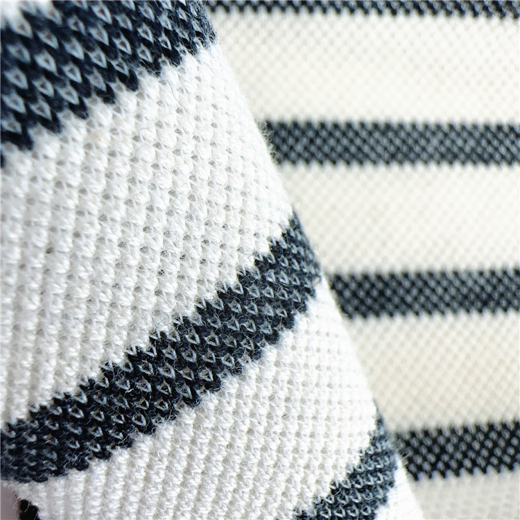 供应针织面料粗针排间单面提花四角网眼色织彩条拉毛男装POLO衫