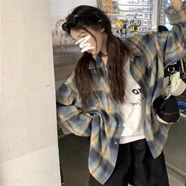 美式复古撞色格子防晒衬衫男女秋款款慵懒风长袖宽松薄款衬衣外套