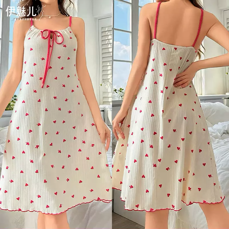 2024欧美跨境性感休闲吊带睡裙女系带爱心印花高级感舒适家居服连