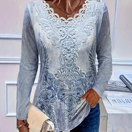 2025春秋新款时尚大码女装印花花边拼接长袖T恤