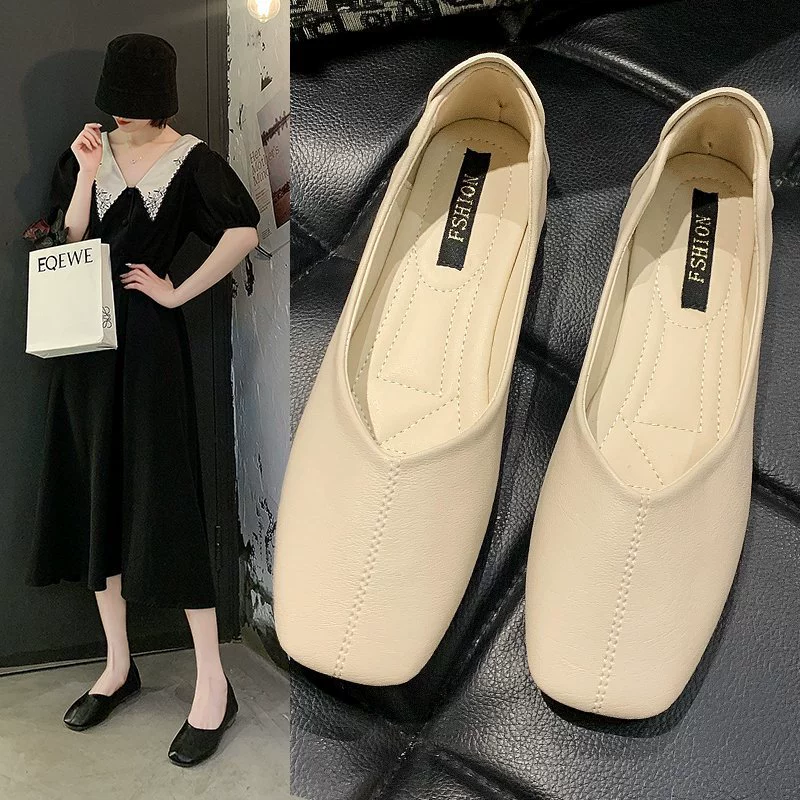 Женские туфли на плоской подошве для осени 2021, новинка в Корейском стиле с закрытым ртом и квадратным носком, мягкая кожаная подошва, нежная женская обувь в позднем ночном стиле