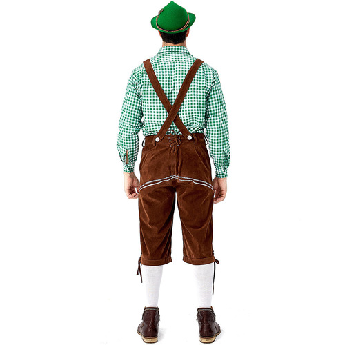 German Traditional Men's Beer Festival Outfit: Plaid Collared Shirt, Embroidered Belted Pants with Hat Set