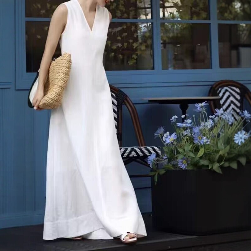 New Style Sleeveless Cotton and Linen White V-Neck Sleeveless Dress for Women, Long Loose Fit, Slimming, Elegant and Versatile Linen Dress New Style Sleeveless Cotton and Linen White V-Neck Sleeveless Dress for Women, Long Loose Fit, Slimming, Elegant and Versatile Linen Dress