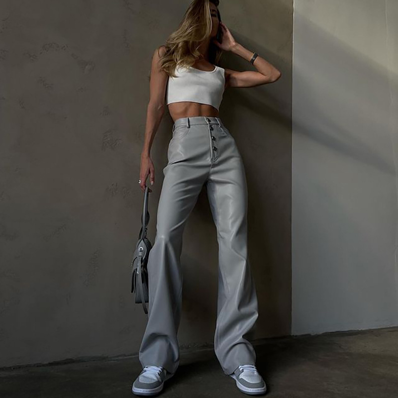 European and American Cross-Border New Products 2025 Autumn Women's Clothing Pu Leather Pure Color High Waist Straight Button Casual Leather Pants Women's Manufacturer Wholesale