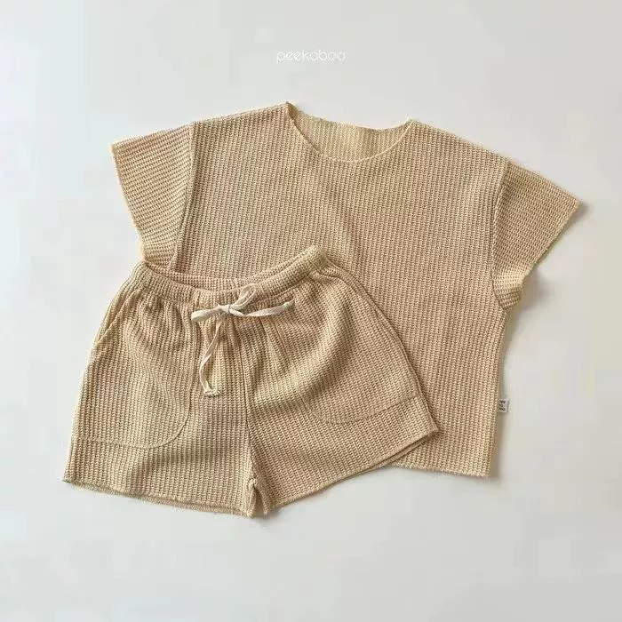 Пижама для отдыха, комплект, вязаный спортивный костюм, корейский стиль, детская одежда, с коротким рукавом, семейный комплект