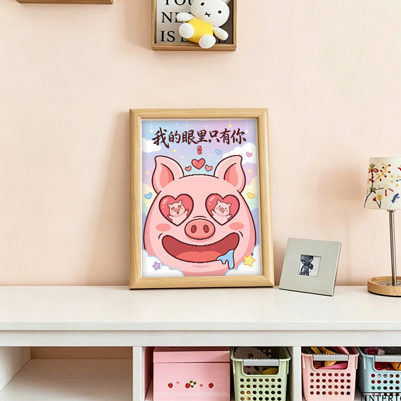 Cute Pink Piglet Decorative Display Stand, Natural Wood Color Photo Frame, Healing Style, Student Gift, Stationery Store Bulk Customization