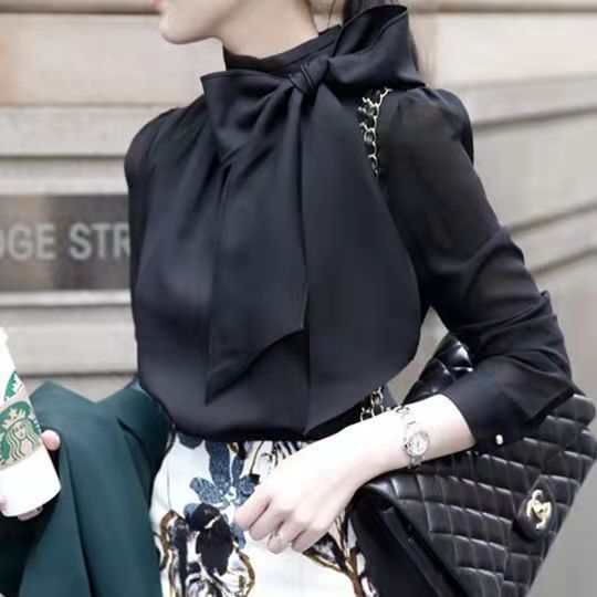 Camicia in chiffon con fiocco maniche lunghe elegante donna_voghion.com