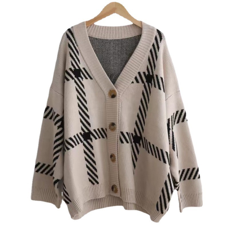 Otoño y invierno nuevo suéter a cuadros coreano abrigo de mujer temperamento casual color contrastante cuello v holgado viento perecido cardigan de punto