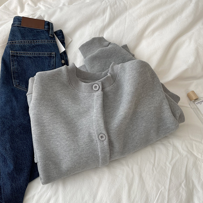 简约小个子显瘦灰色棒球服外套女春秋季薄款黑色纽扣休闲开衫卫衣|undefined