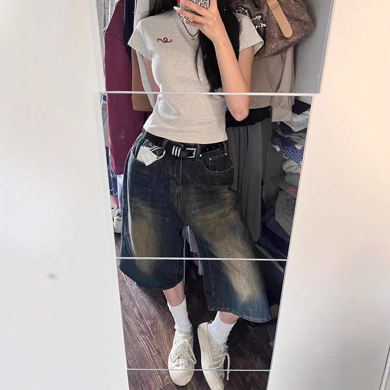 American High Street Cropped Denim Shorts for Women Summer New Style Distressed Loose Wide Leg Slim Casual Straight Mid-Pants