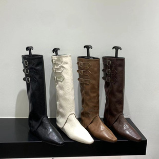 Inner Heightened Pointed Western Cowboy Boots Women's Shoes 2024 New Spring and Autumn Single Boots Brown Maillard High Boots