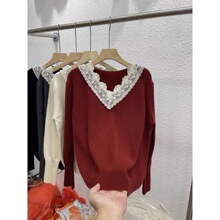 大码女装2025冬季蕾丝拼接V领针织衫软糯气质长袖针织打底衫