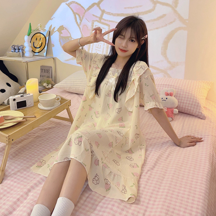 Pijama de mujer de verano tejido espuma tejida tela arrugada pijama de mangas cortas princesa vestido de viento suelto vestido de casa de verano