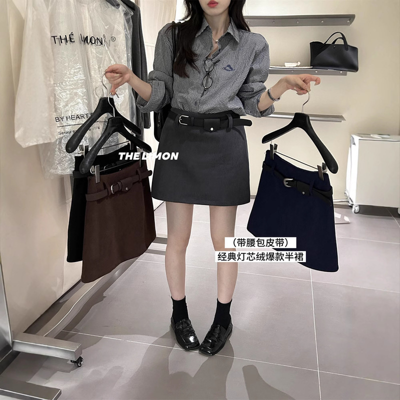 十三行韩系简约百搭高腰显瘦灯芯绒半身裙女2025秋小个子A字短裙|undefined