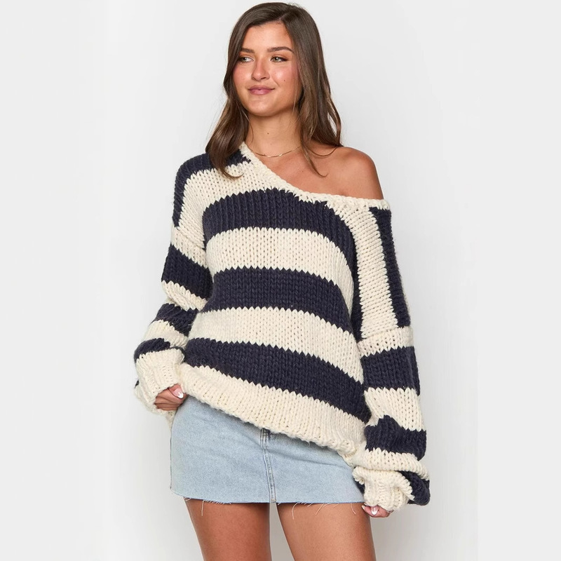 Amazon Autumn and Winter Fashion Casual Loose Knitted Sweater Slant Shoulder Niche Dopamine Striped Sweet Top