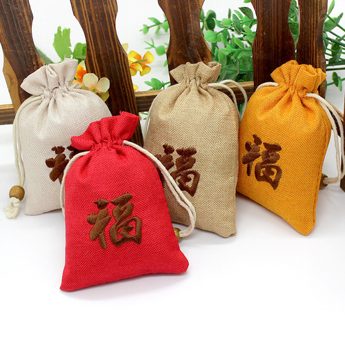 Embroidered embroidery lucky pouch jewelry bag drawstring bag rice bag mixed grain burlap material small items bracelet packaging accessories with printed logo