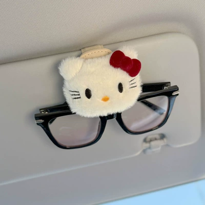 Car-Mounted Glasses Clip for Use in the Car, Sunglasses Holder, Sun Visor Magnetic Clip, Cute and High-End for Women (Car Glasses Clip/Bill Clip) - red-kitty-beige