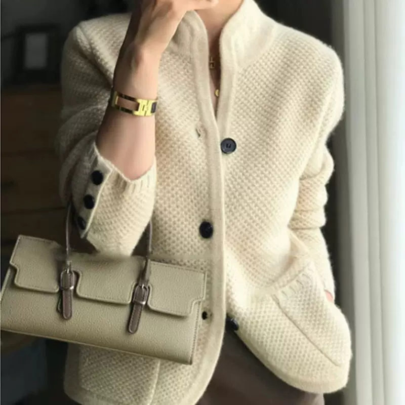 跨境设计感中式立领毛衣开衫外套女2025年新款宽松气质休闲针织衫