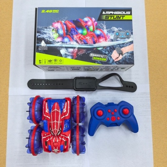 Coche teledirigido transfronterizo de doble modo (acuático y terrestre) Amazon 2.4G con luces, rotación de 360 grados, coche eléctrico de doble modo para niños