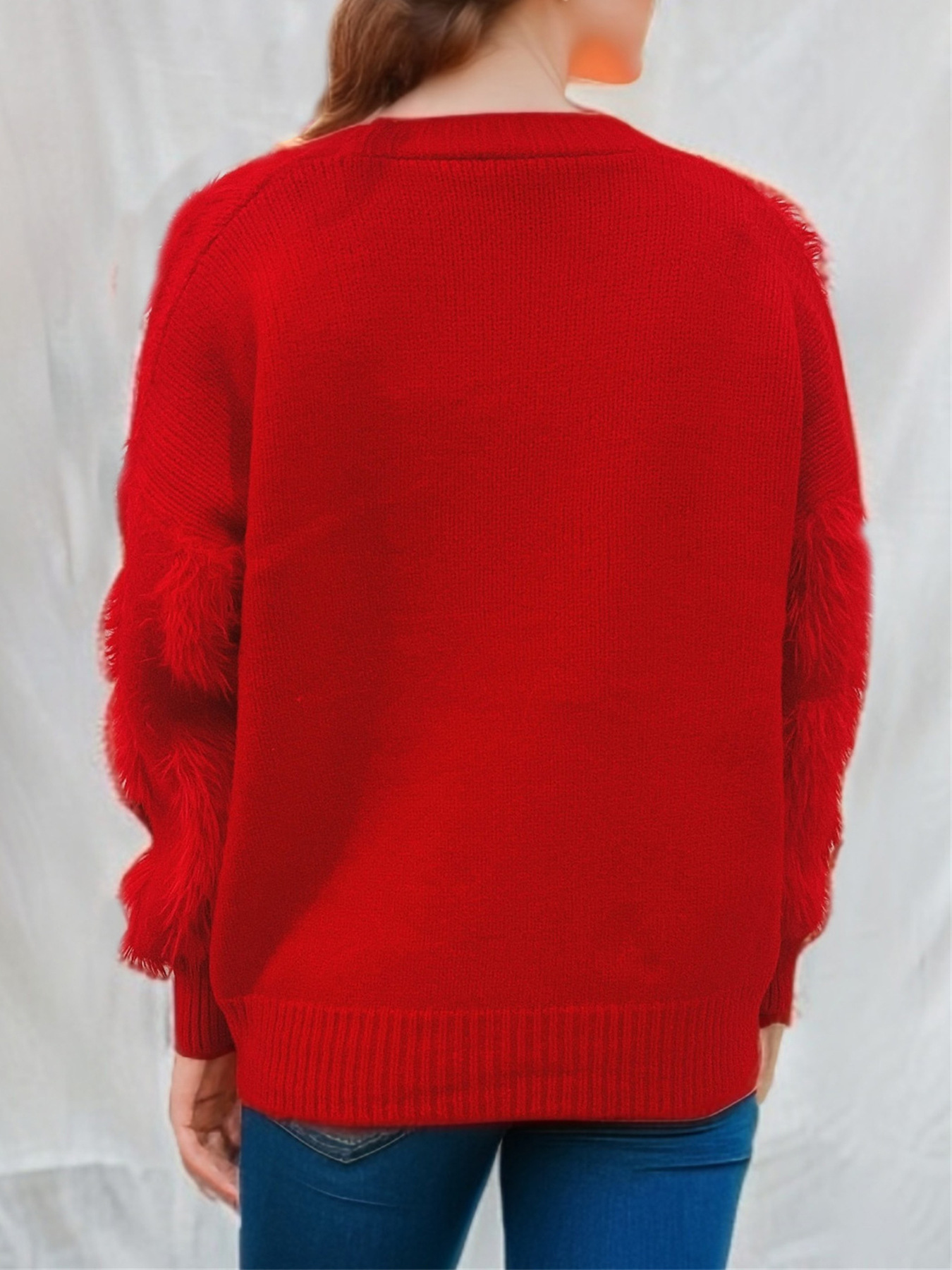 Damen Weihnachtskardigan In Rot Mit Nerzoptik Und Applikation_voghion.com