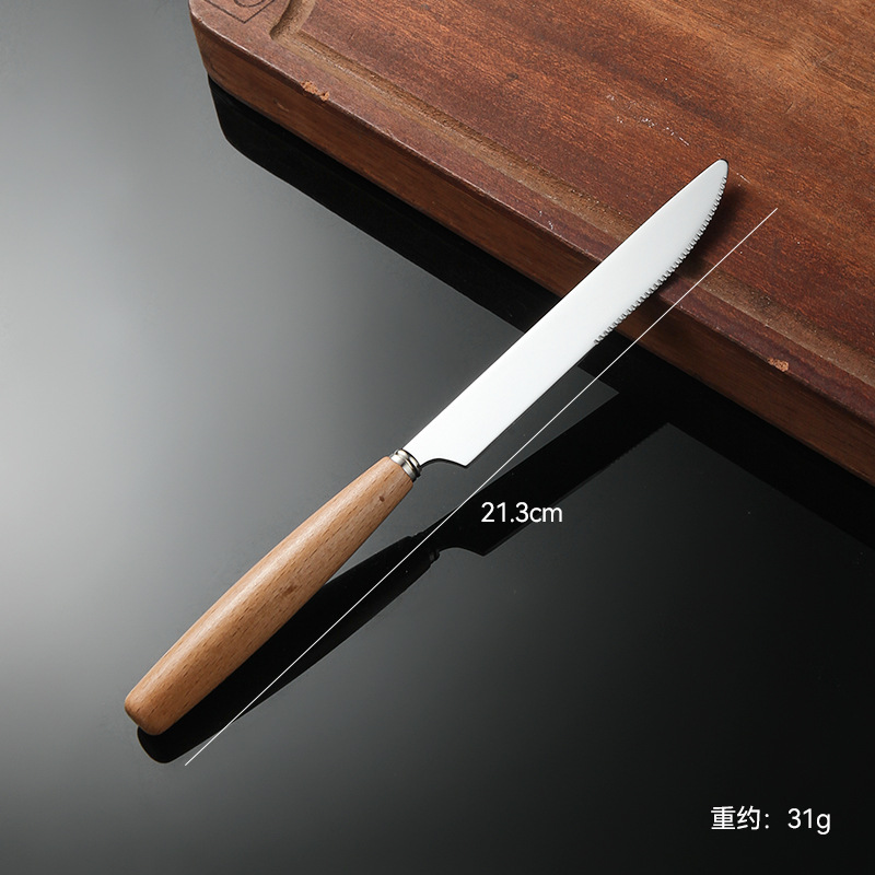 Madera de haya, alas de pollo, mango de madera, cuchillo y tenedor de acero inoxidable doméstico, cubiertos, cuchillo y tenedor de carne brillante, cuchara de carne occidental