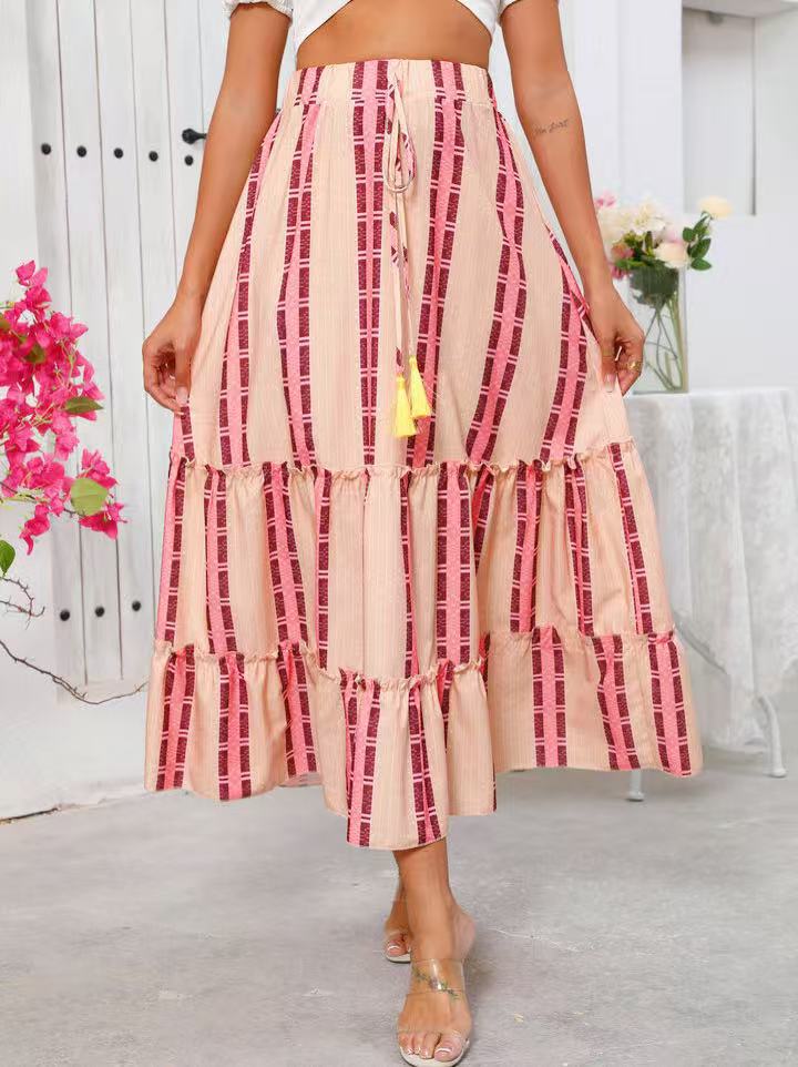 Real Shot Of Cross-border Foreign Trade 2025 Summer New Bohemian Resort Style Printed Flared Skirt For Women_ecoleips.com