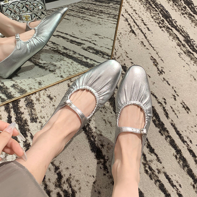 Sheepskin Genuine Leather Pleated Flat-Soled Retro Granny Shoes with Soft Soles, Silver Mary Jane Shoes, Women's Single Shoes, Ballet Shoes