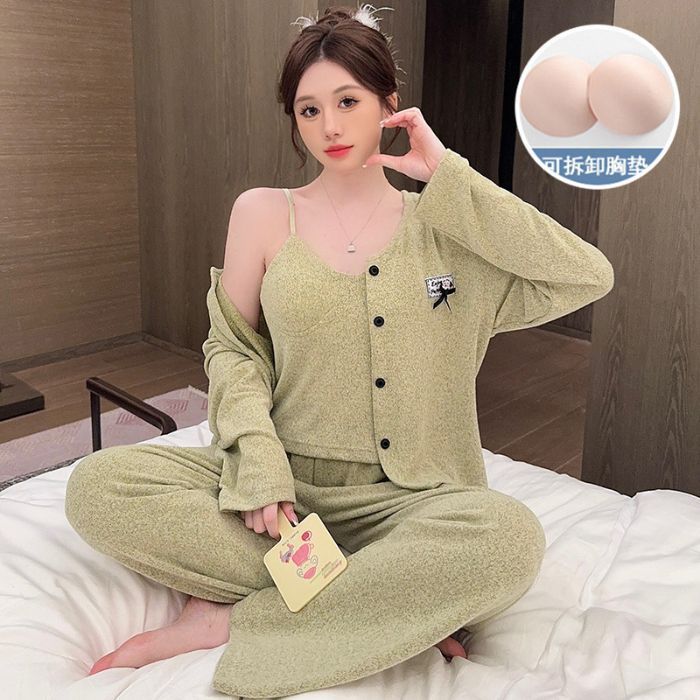 绵羊绒睡衣女秋冬季带胸垫韩版ins风开衫长袖三件套家居服可外穿|undefined