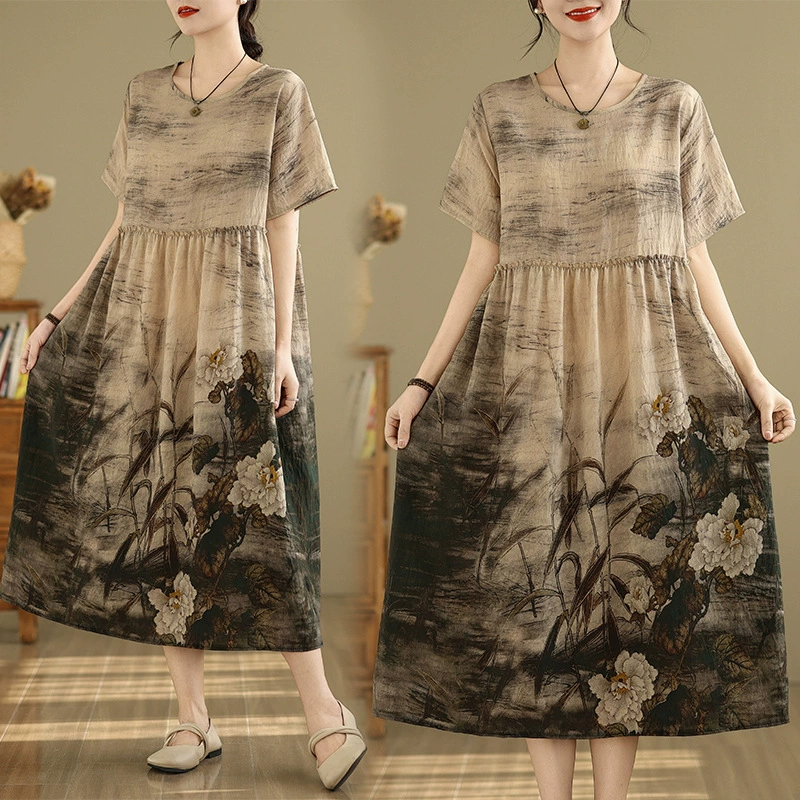 2025 толстый размер MM национальный стиль принт хлопчатобумажное платье с короткими рукавами, художественное ретро длинное платье женщины 91893 #
