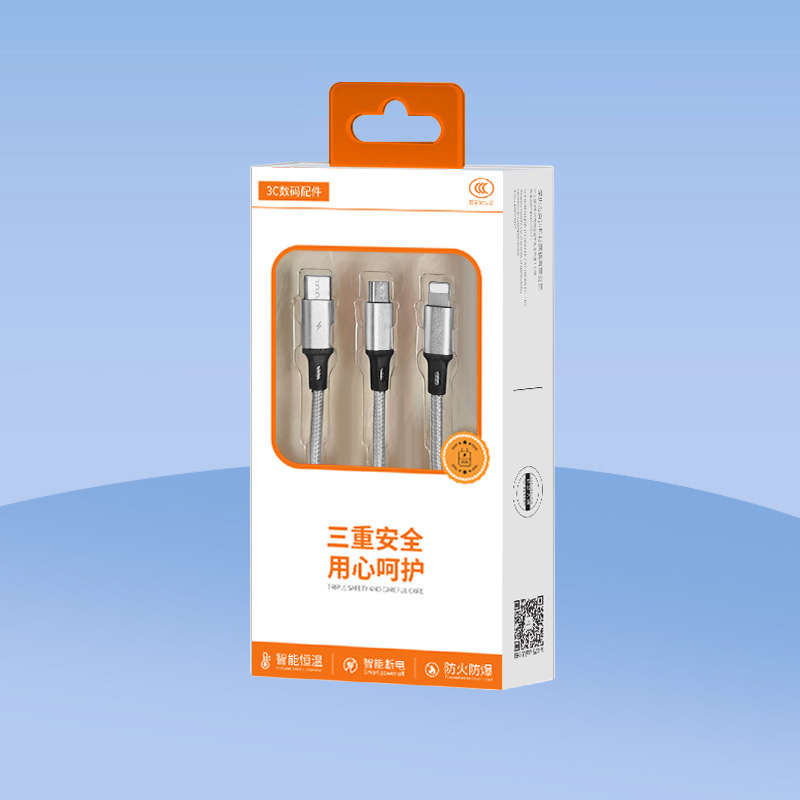 Cable de datos trenzado tres en uno de carga rápida 3A, listo para usar en fábrica, adecuado para Apple, Android y tipo C, cable de carga uno a tres.