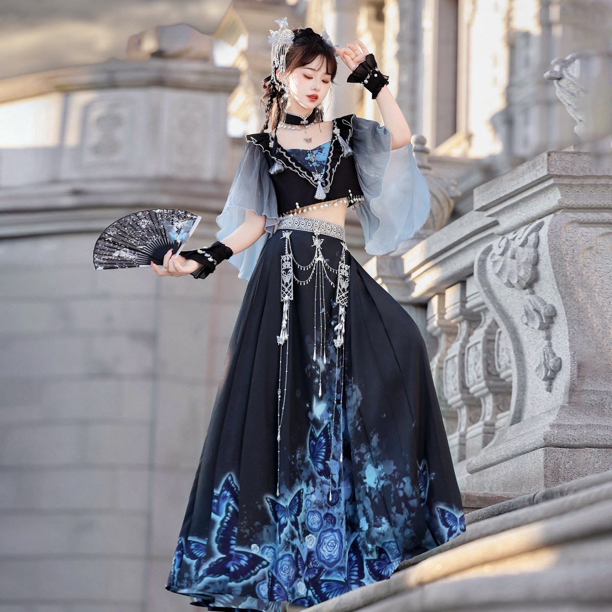 Original design Yingdie Chinese-style modified Han-element women's top with sleeves and half-skirt set 9175