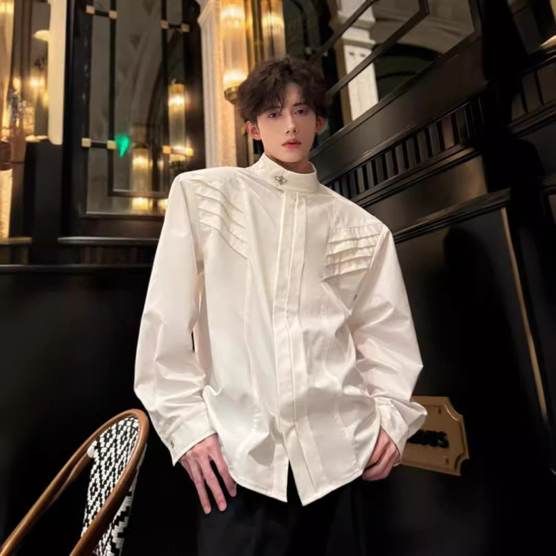 cleanfit White Shirt Men's Top Collar Jacket Korean Style Shoulder Pad Long Sleeve Shirt