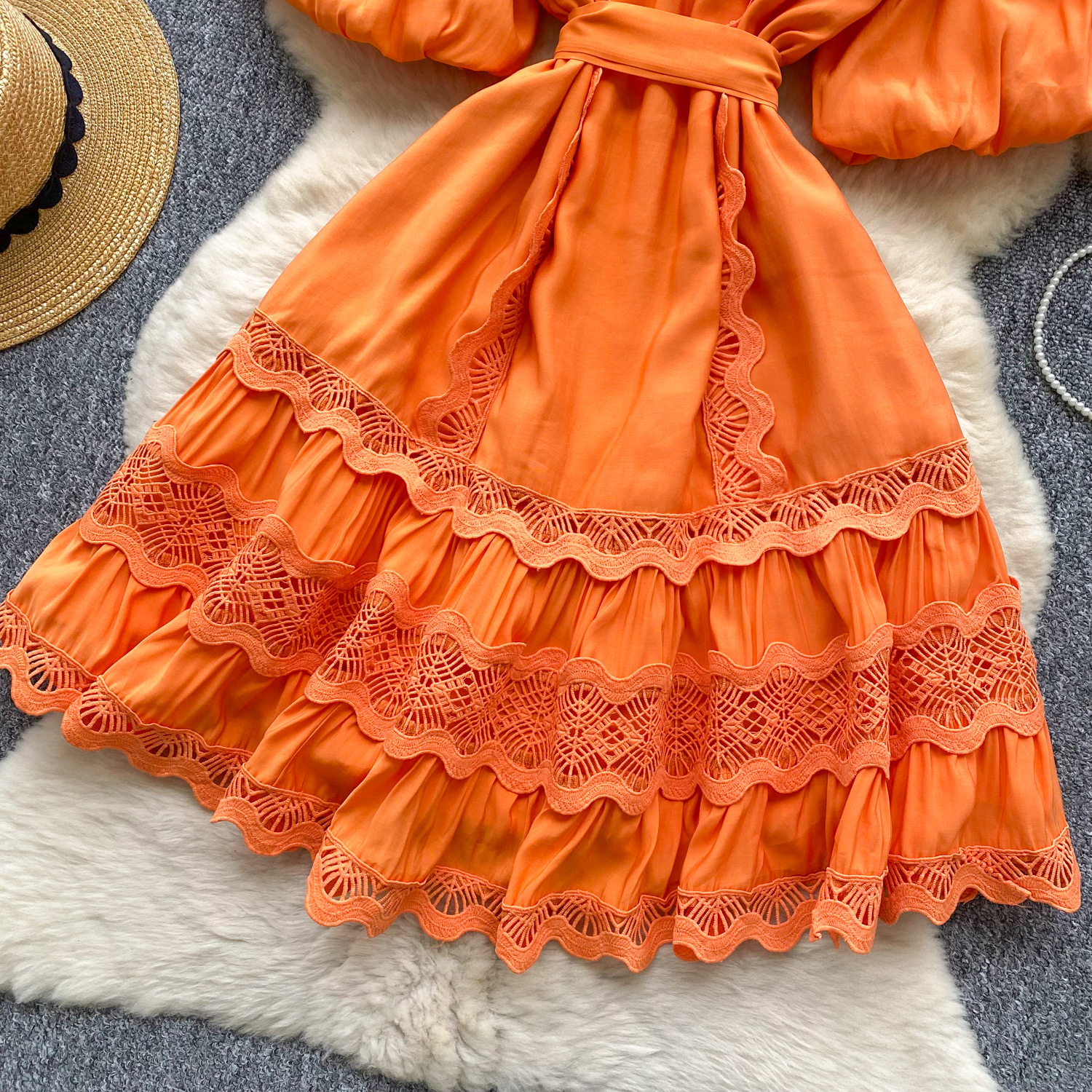 Women's Clothing Retro Palace Fashionable Lace Splicing Tie Waist Dress Lantern Sleeve Slim Temperament A Line Skirt_ecoleips.com